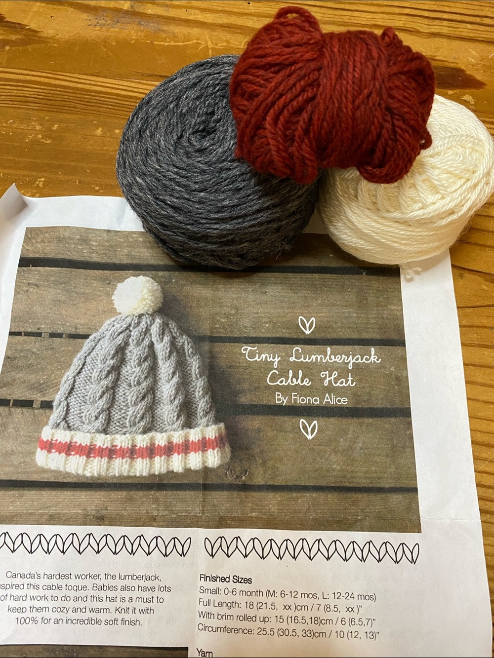 Tiny Lumberjack Cable Hat kit- Gray with Cream & Red Trim
